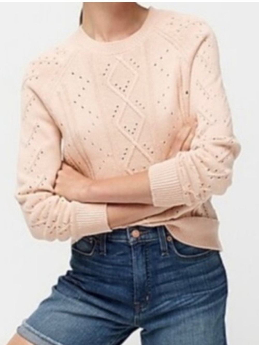 J.Crew Cotton Cable Knit Pointelle Long Sleeve Sweater(S)